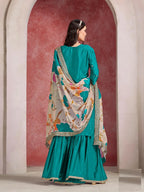 Teal Blue Chinon Silk Sharara Set with Embroidered Top & Taby Silk Dupatta