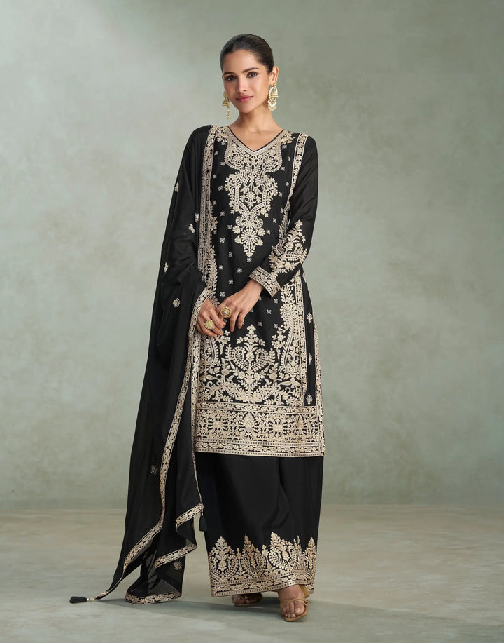 Black Chinon Silk Embroidery work Palazzo Suit - qivii