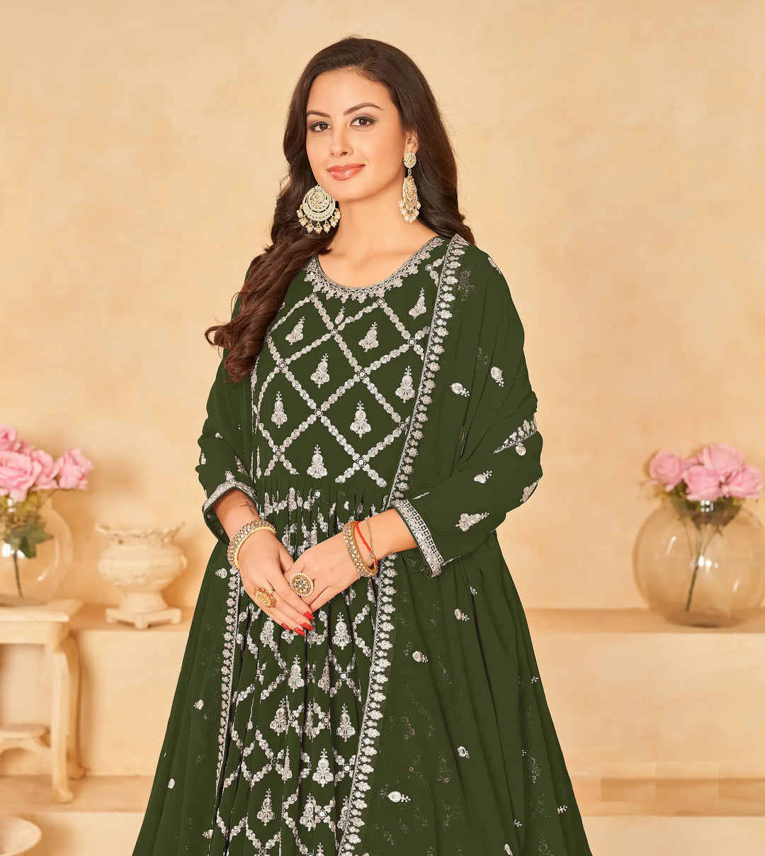 Army Green Georgette Gown With Sequins & Thread Embroidery Work - qivii