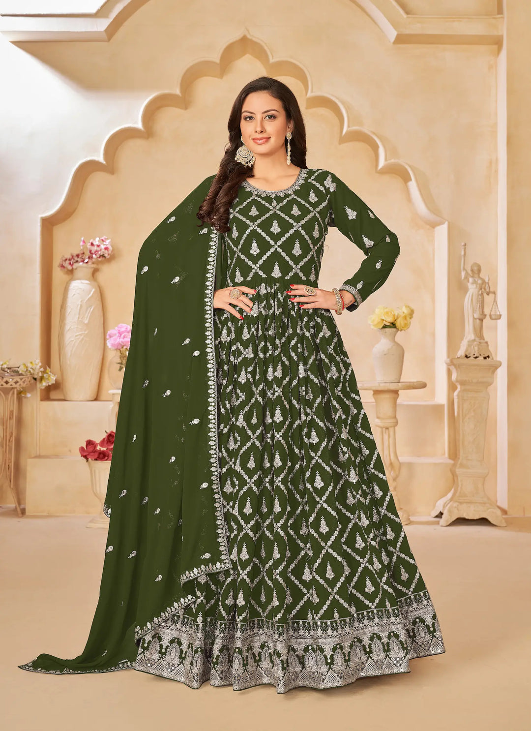 Army Green Georgette Gown With Sequins & Thread Embroidery Work - qivii