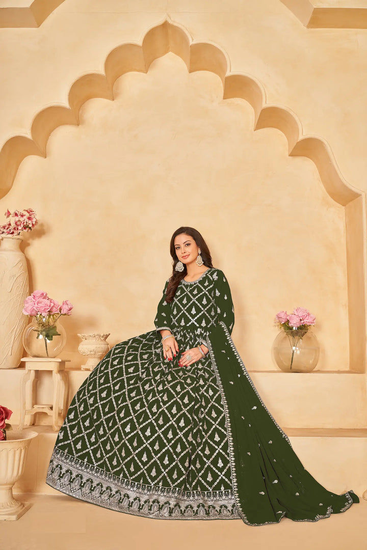 Army Green Georgette Gown With Sequins & Thread Embroidery Work - qivii