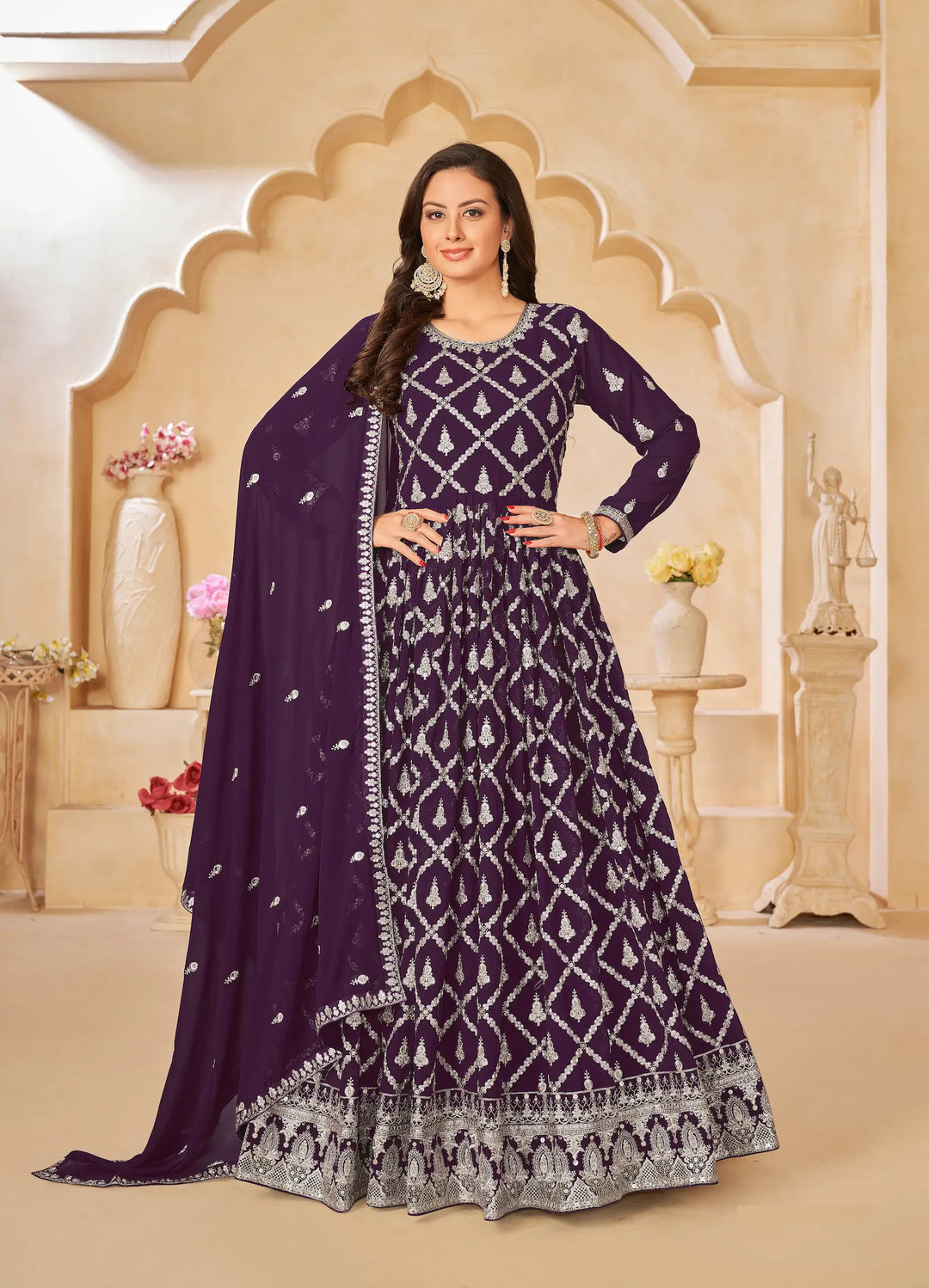 Dark Purple Georgette Gown With Sequins & Thread Embroidery Work - qivii