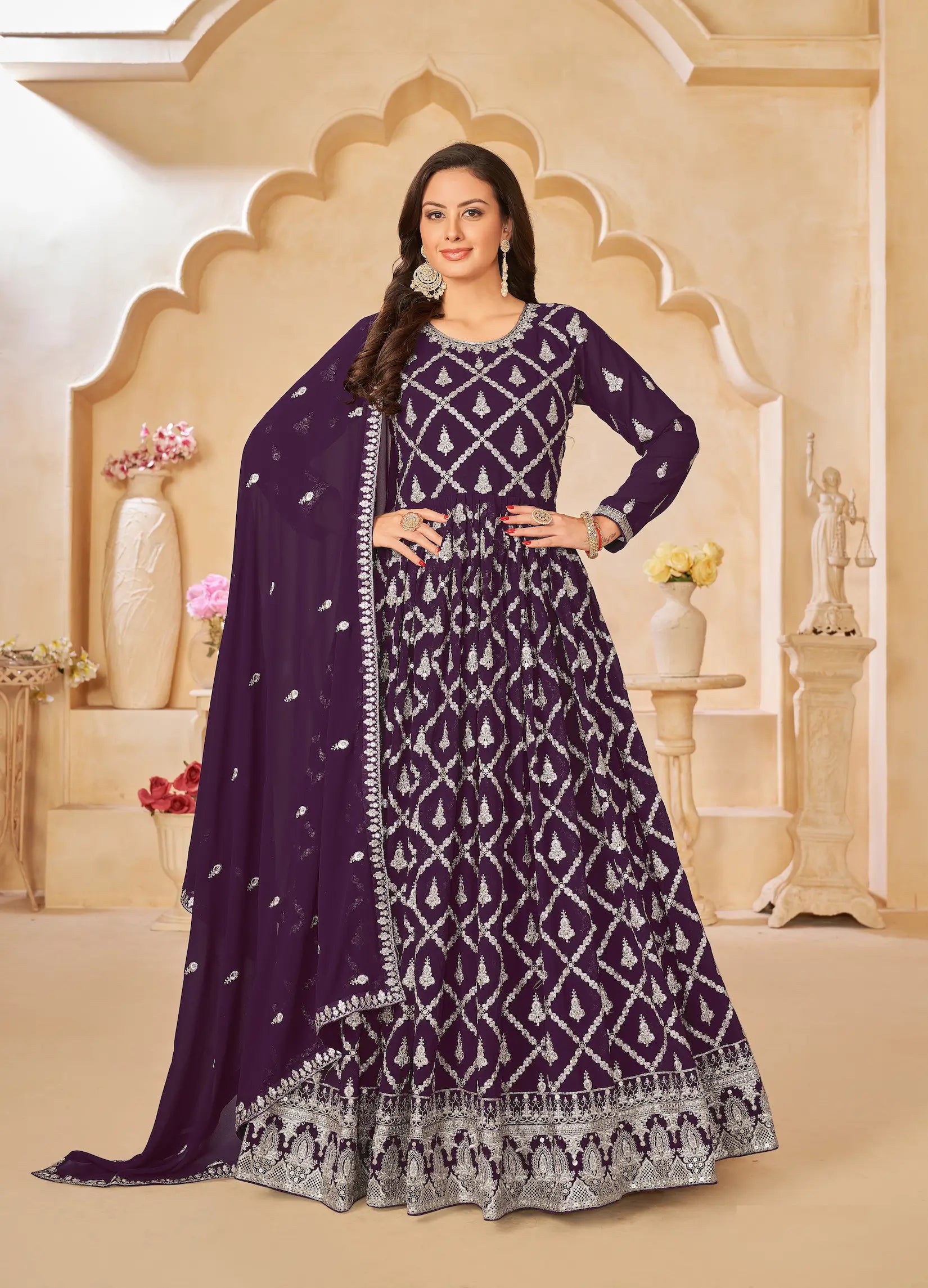Dark Purple Georgette Gown With Sequins & Thread Embroidery Work