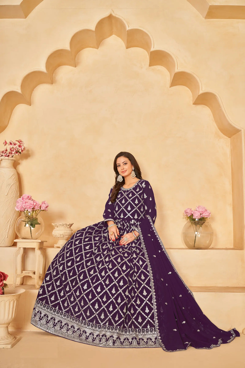 Dark Purple Georgette Gown With Sequins & Thread Embroidery Work