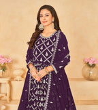 Dark Purple Georgette Gown With Sequins & Thread Embroidery Work