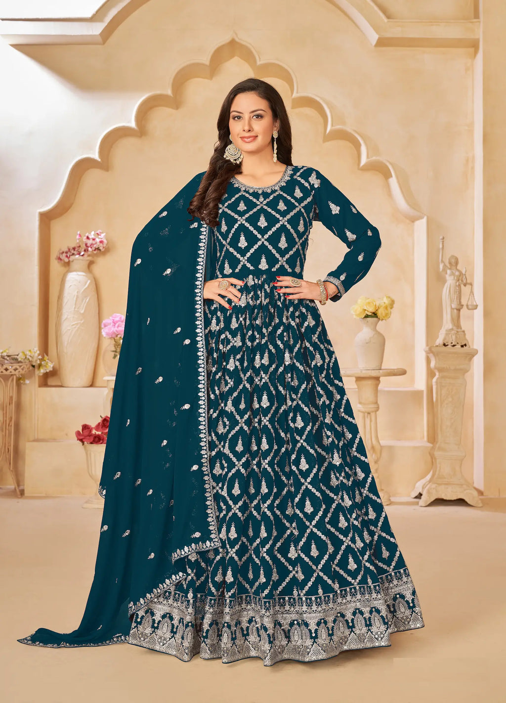 Teal Blue Georgette Gown With Sequins & Thread Embroidery Work