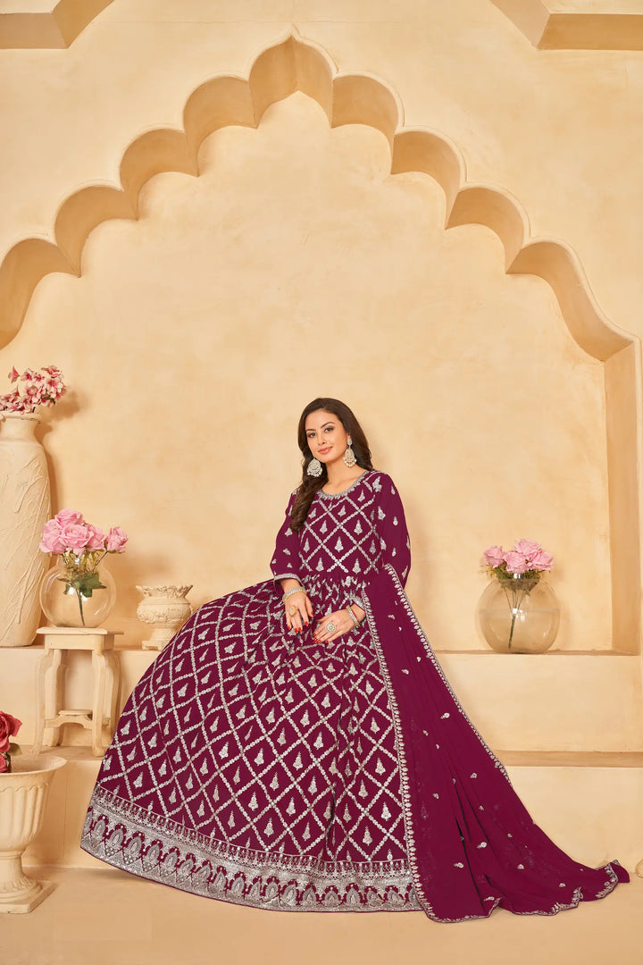 Dark Red Georgette Gown With Sequins & Thread Embroidery Work - qivii