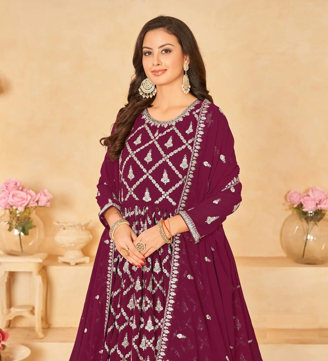 Dark Red Georgette Gown With Sequins & Thread Embroidery Work - qivii