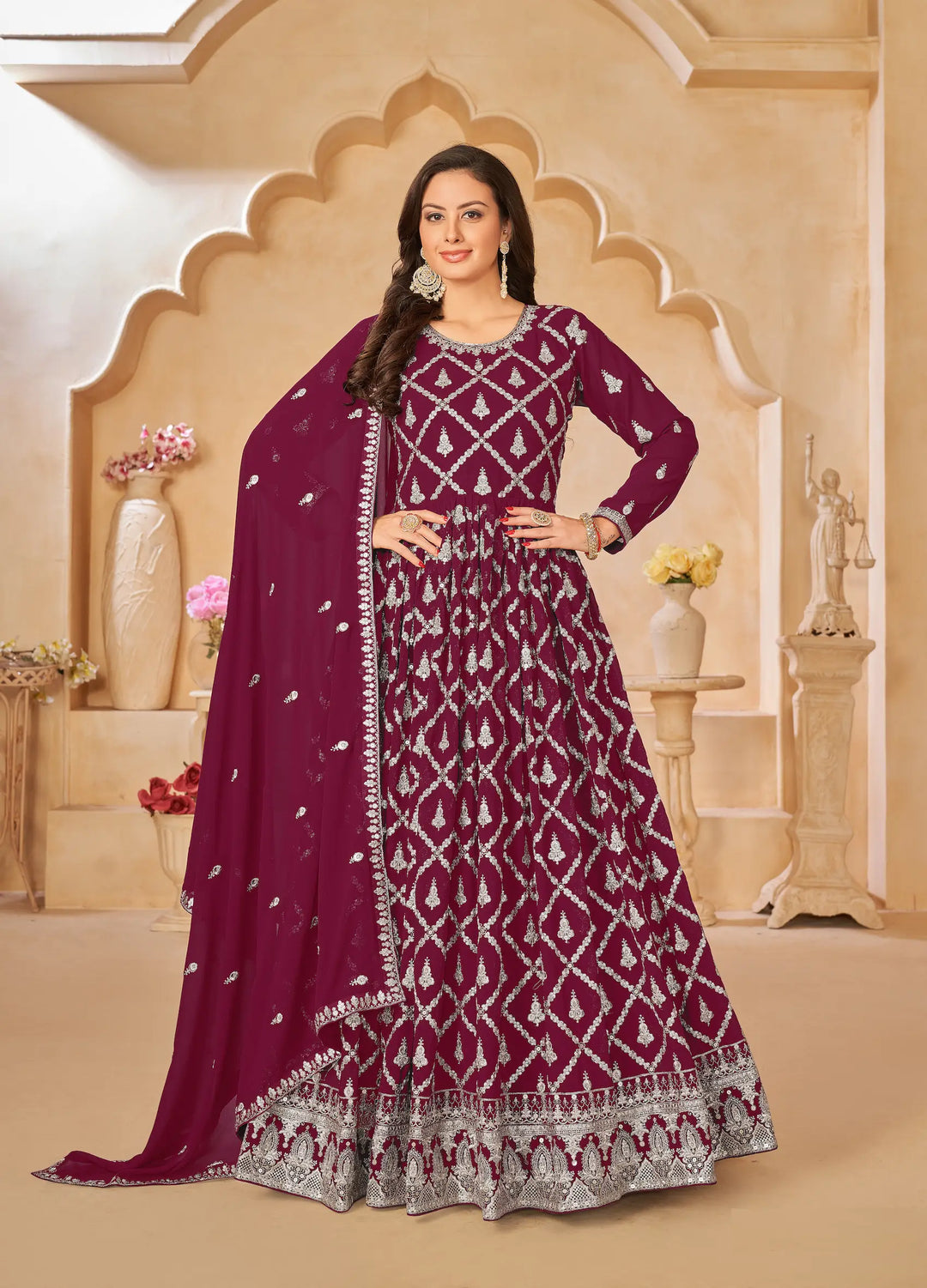 Dark Red Georgette Gown With Sequins & Thread Embroidery Work - qivii