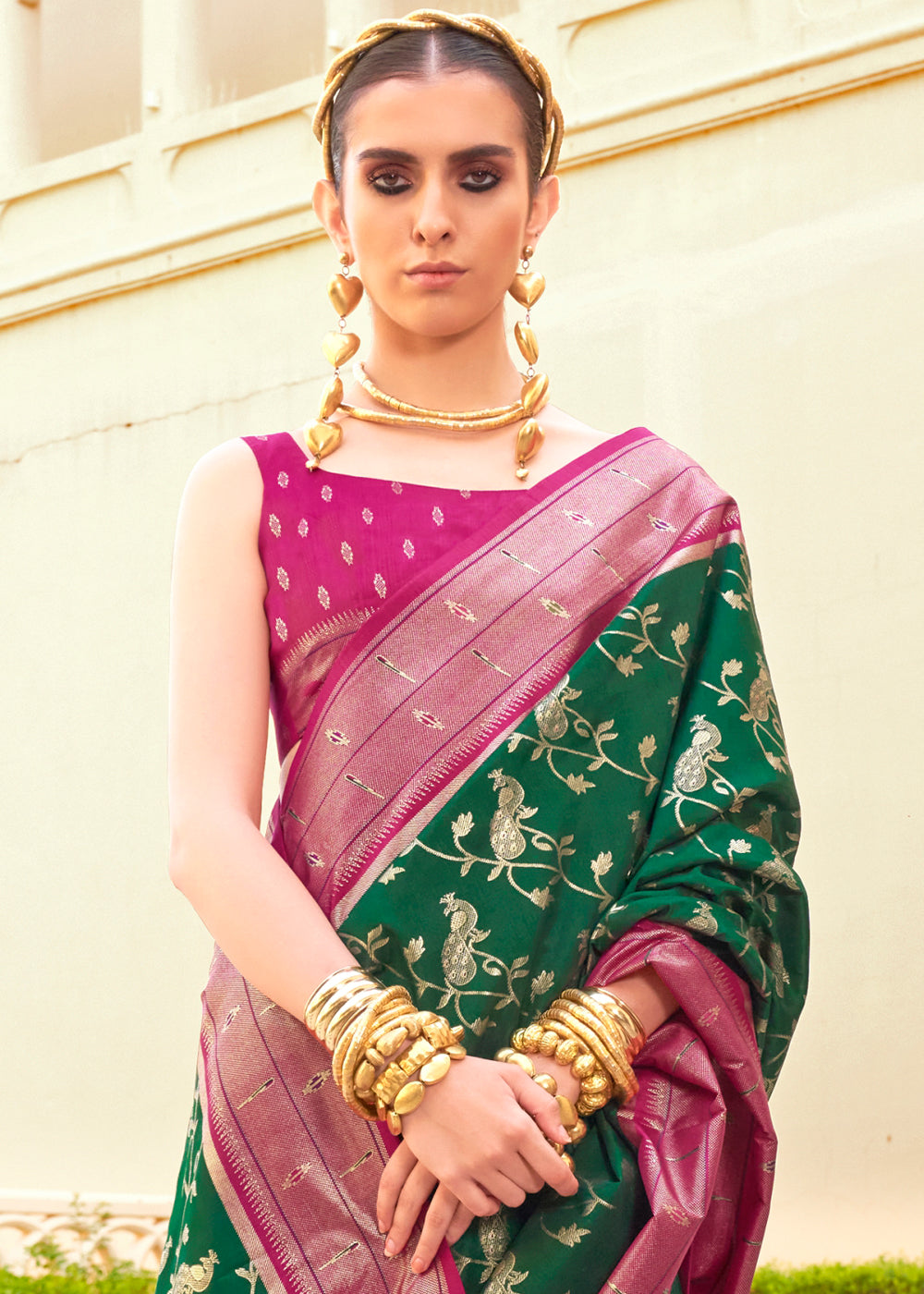 Green & Pink Paithani Printed Silk Saree - qivii