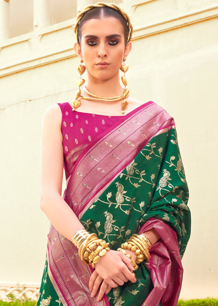 Green & Pink Paithani Printed Silk Saree - qivii