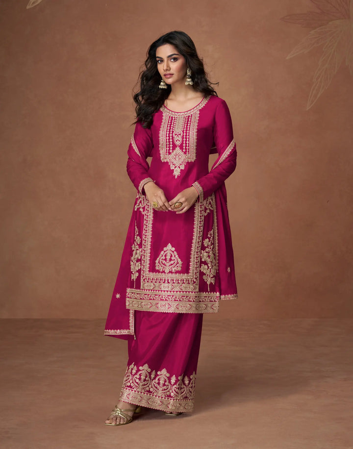 Dark Pink Chinon Silk Embroidery Work Palazzo Suit - qivii