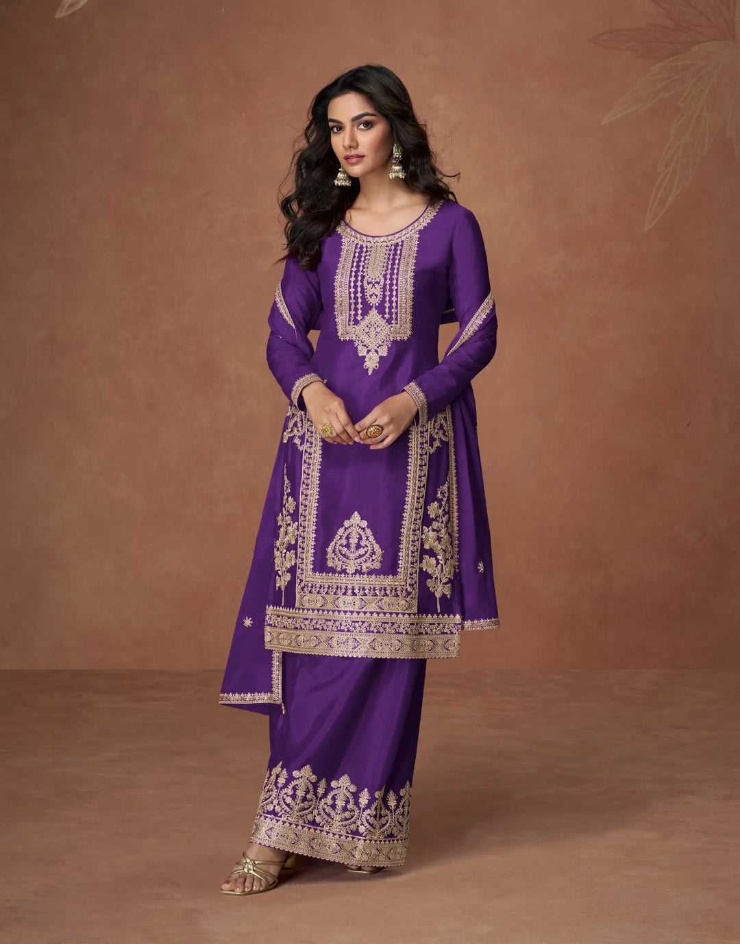 Iris Purple Chinon Silk Embroidery Work Palazzo Suit - qivii