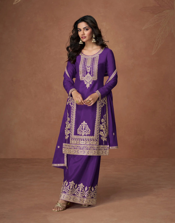 Iris Purple Chinon Silk Embroidery Work Palazzo Suit - qivii