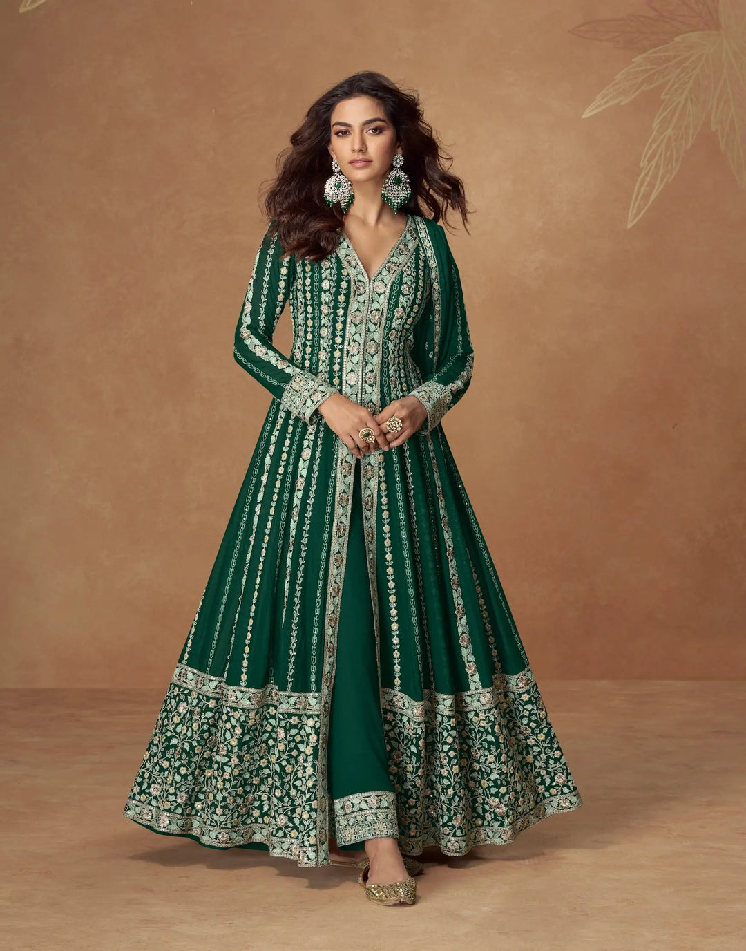 Deep Green Chinon Silk Embroidery Work Gown - qivii