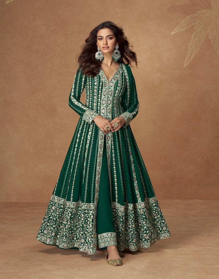 Deep Green Chinon Silk Embroidery Work Gown - qivii