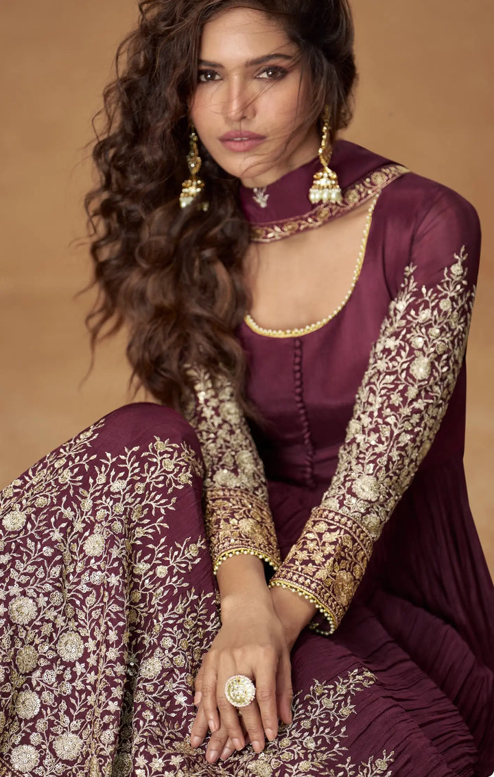 Wine Berry Chinon Silk Embroidery Work Gown - qivii