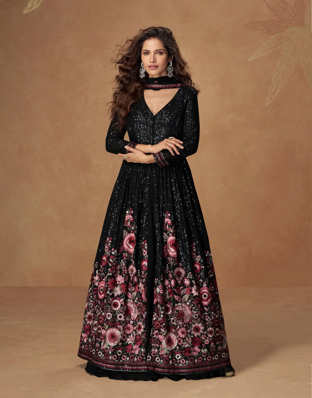 Hot Black Georgette Embroidery Work Gown - qivii