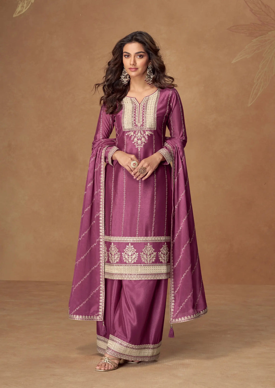 Tulip Pink Chinon Silk Palazzo Suit With Embroidery Work - qivii