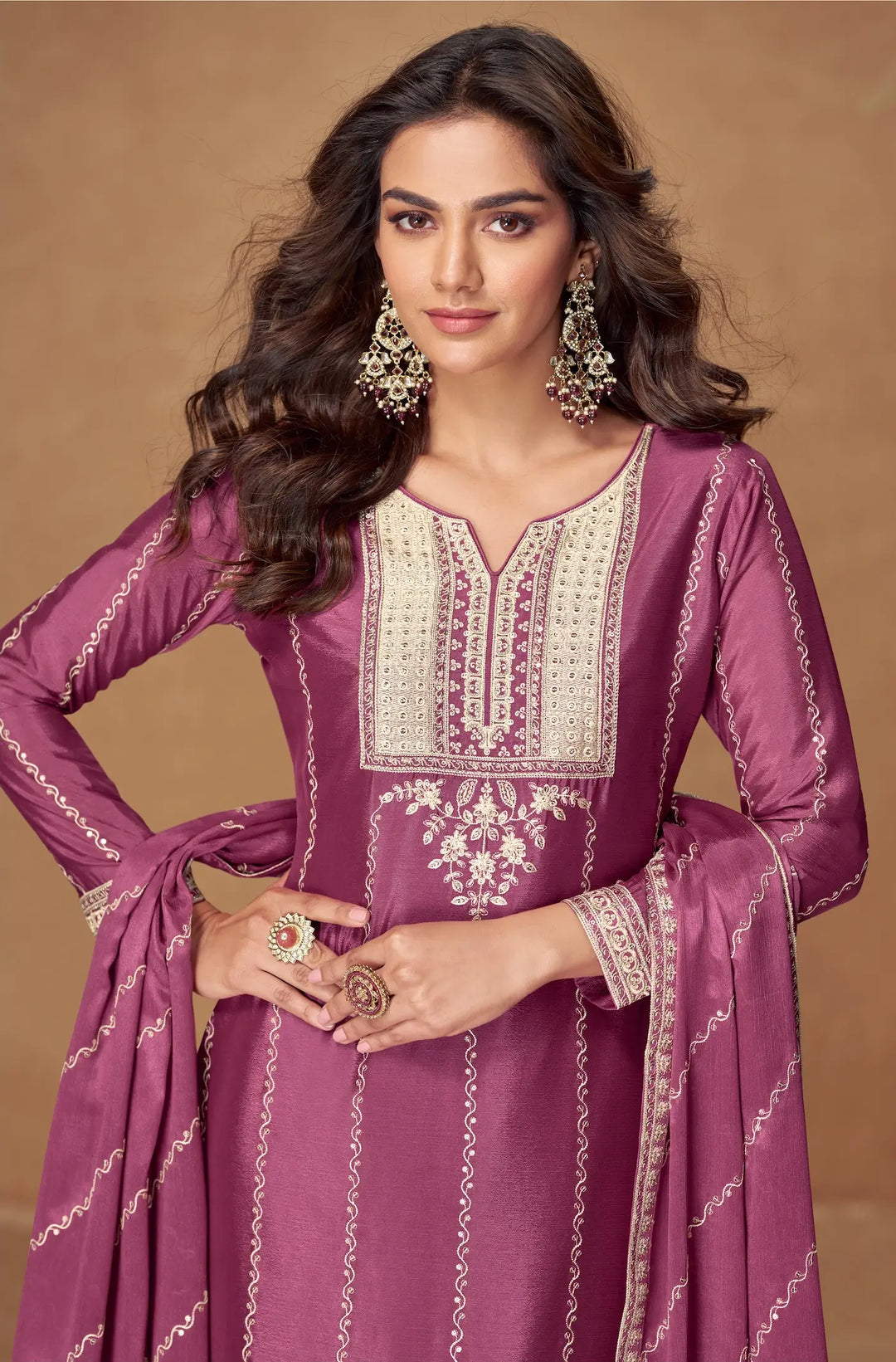 Tulip Pink Chinon Silk Palazzo Suit With Embroidery Work - qivii