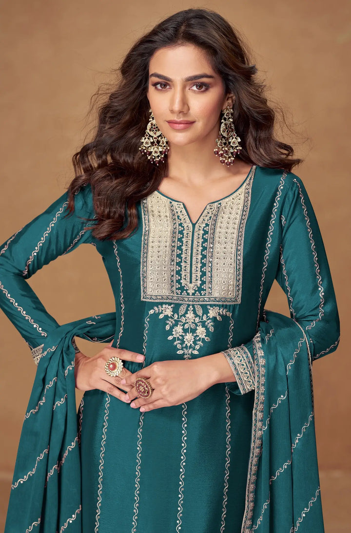 Dark Teal Chinon Silk Palazzo Suit With Embroidery Work - qivii