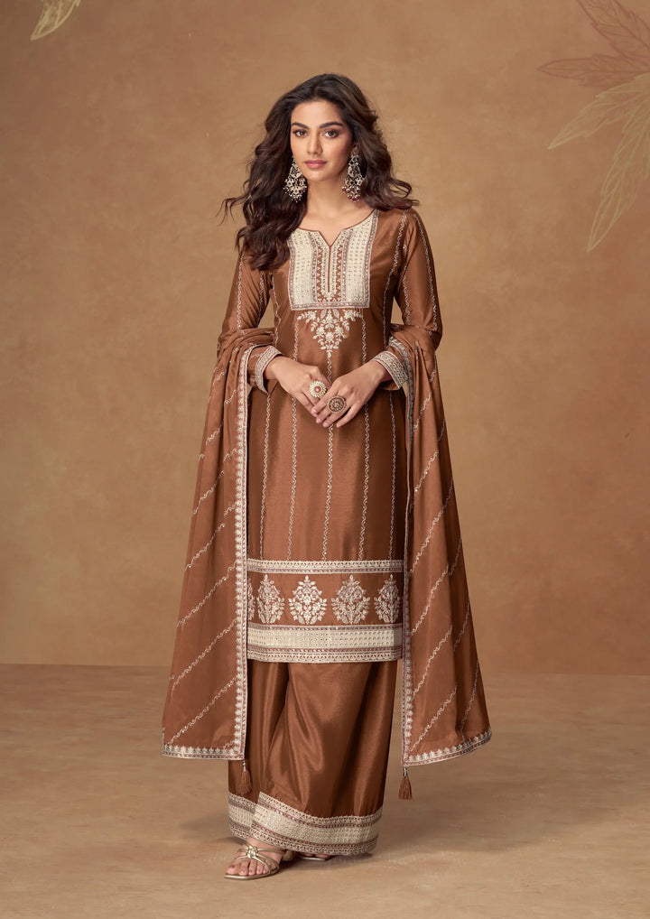 Rust Brown Chinon Silk Palazzo Suit With Embroidery Work - qivii