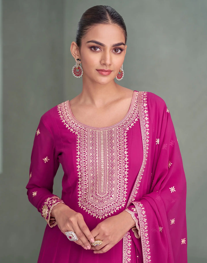 Rani Pink Georgette Embroidery Work Gown - qivii