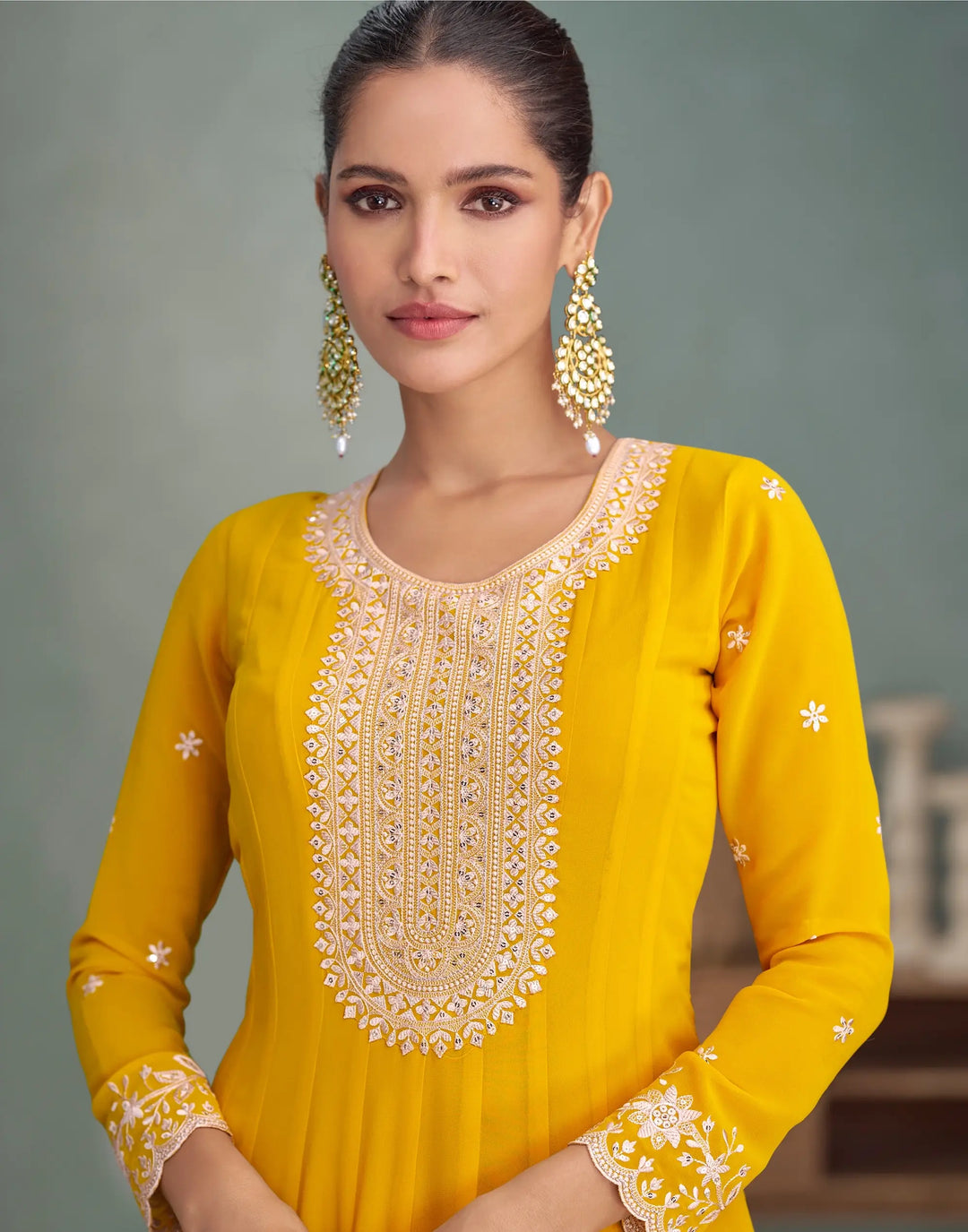 Yellow Georgette Embroidery Work Gown - qivii