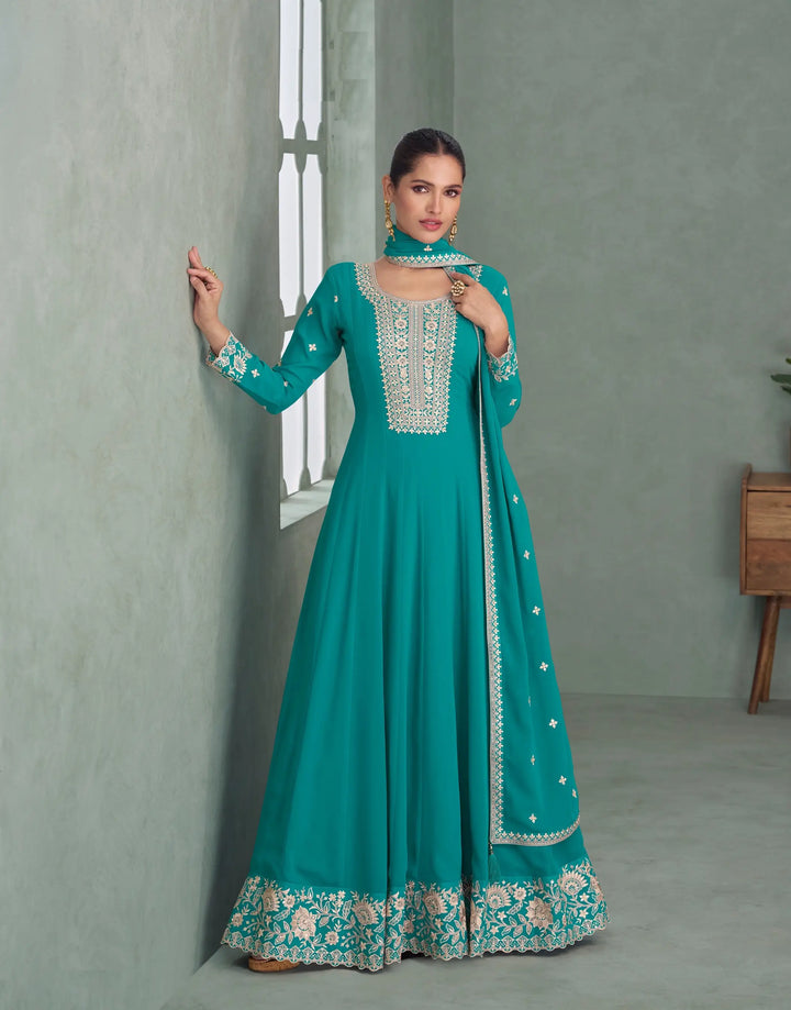 Teal Blue Georgette Embroidery Work Gown - qivii