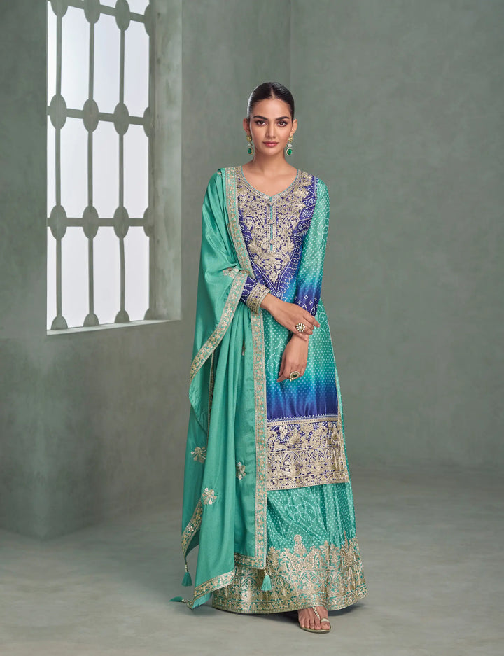 Sea Blue Chinon Silk Embroidery Palazzo Suit - qivii