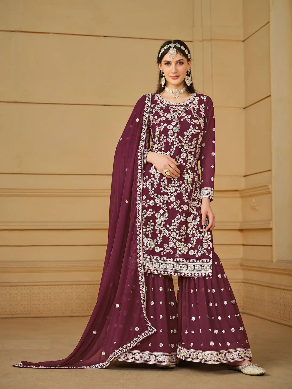 Maroon Georgette Thread & Sequins Embroidery Sharara Suit