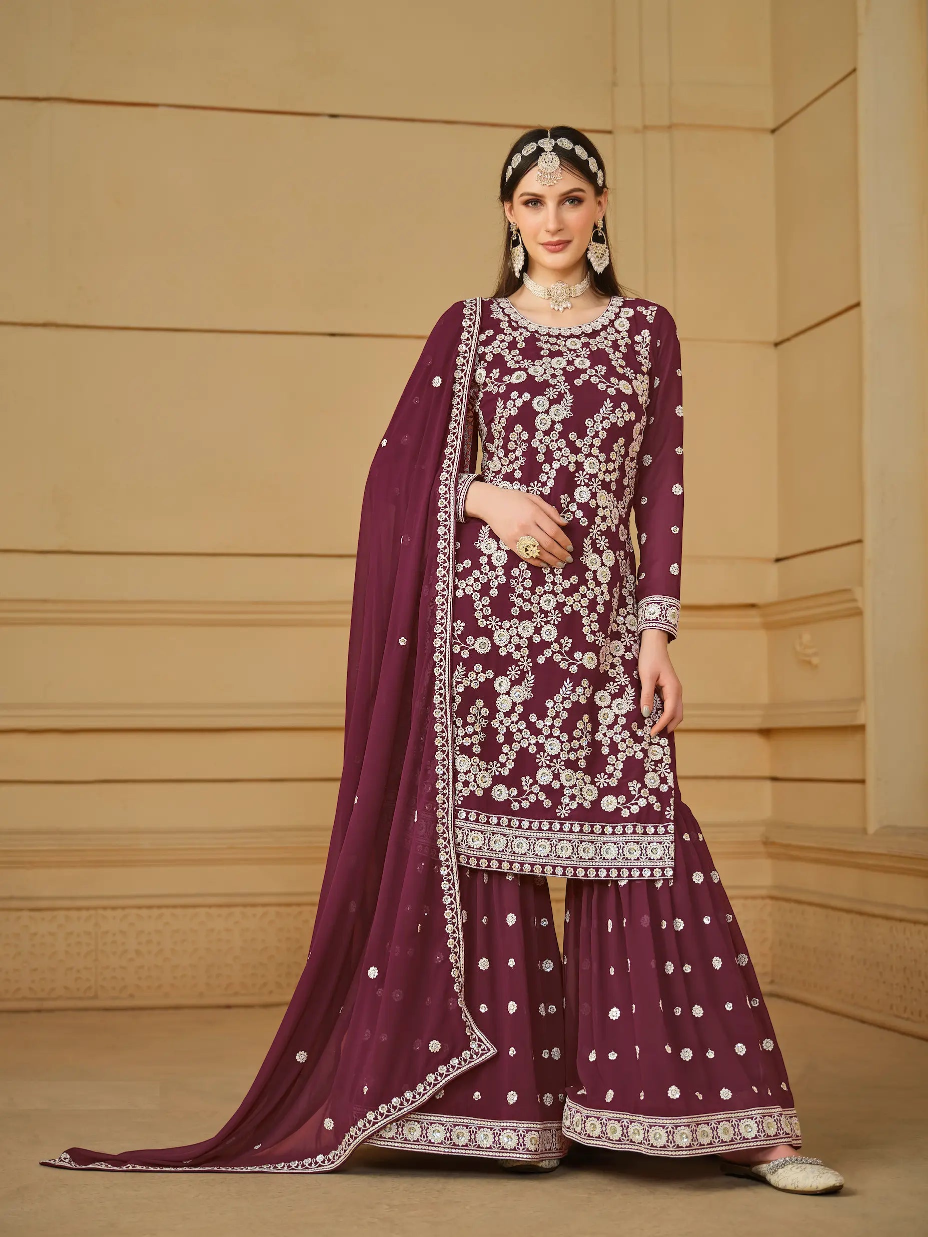 Maroon Georgette Thread & Sequins Embroidery Sharara Suit