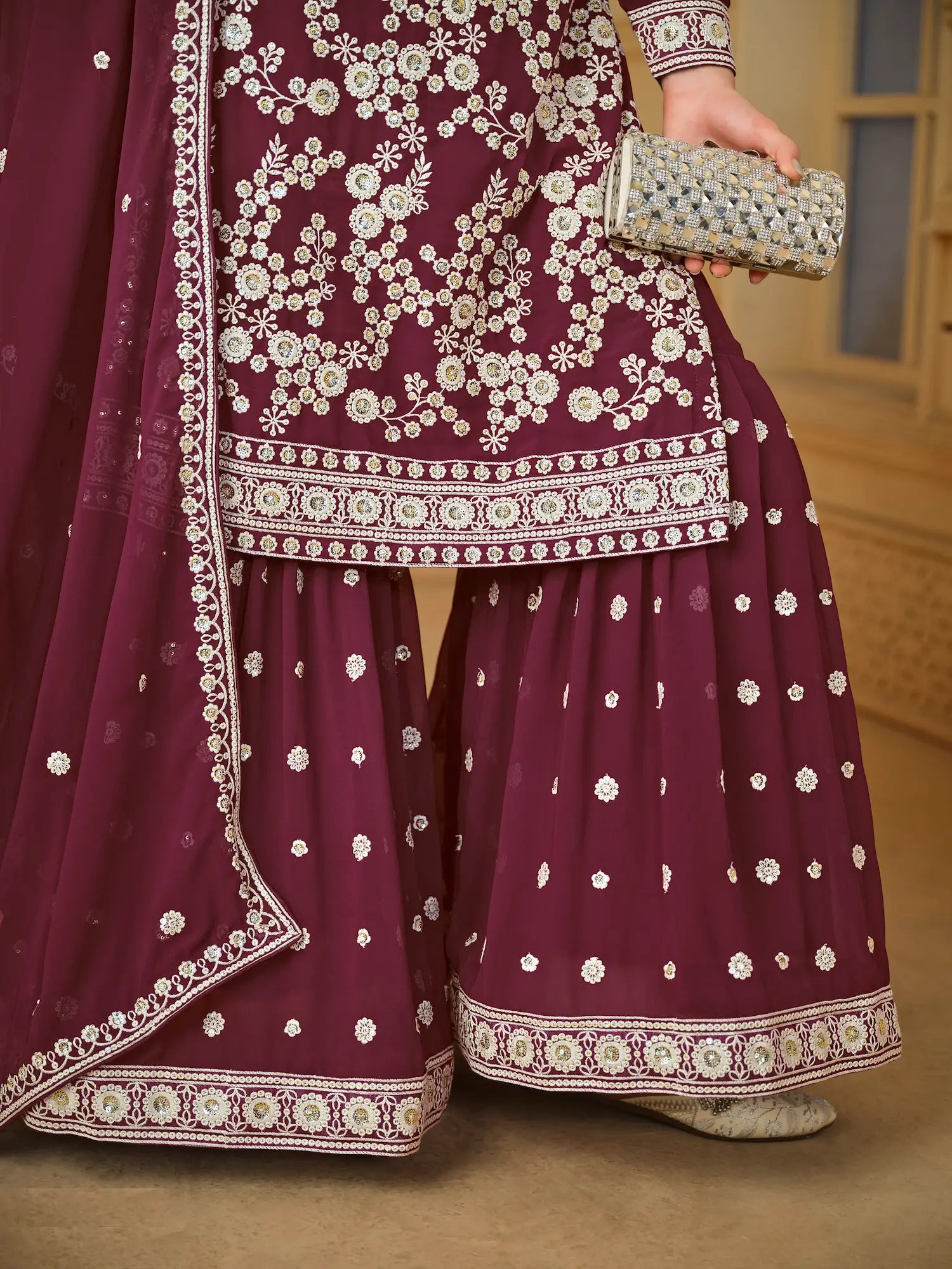 Maroon Georgette Thread & Sequins Embroidery Sharara Suit