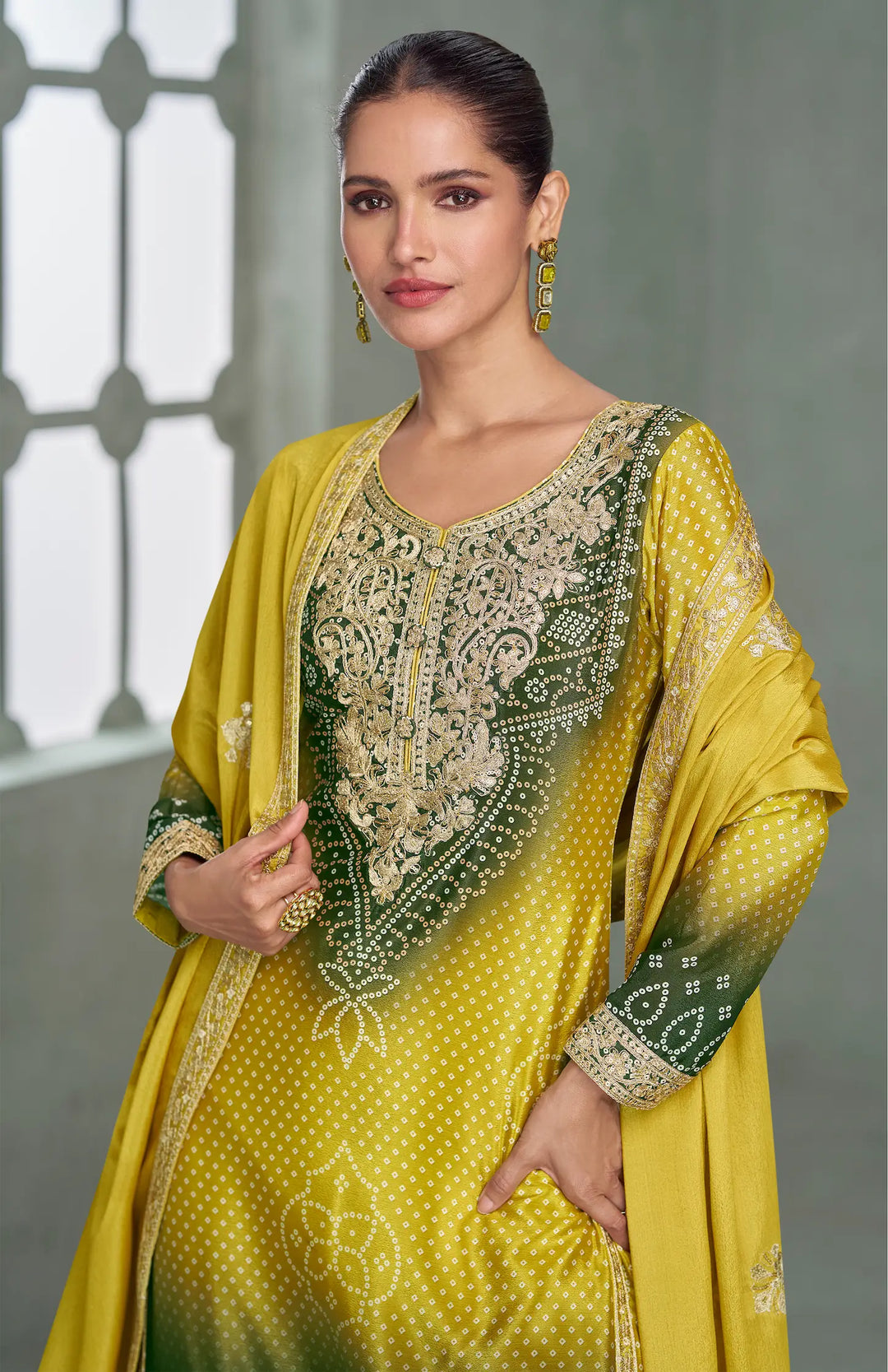 Lime Yellow Chinon Silk Embroidery Palazzo Suit - qivii