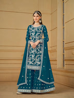 Teal Blue Georgette Thread & Sequins Embroidery Sharara Suit