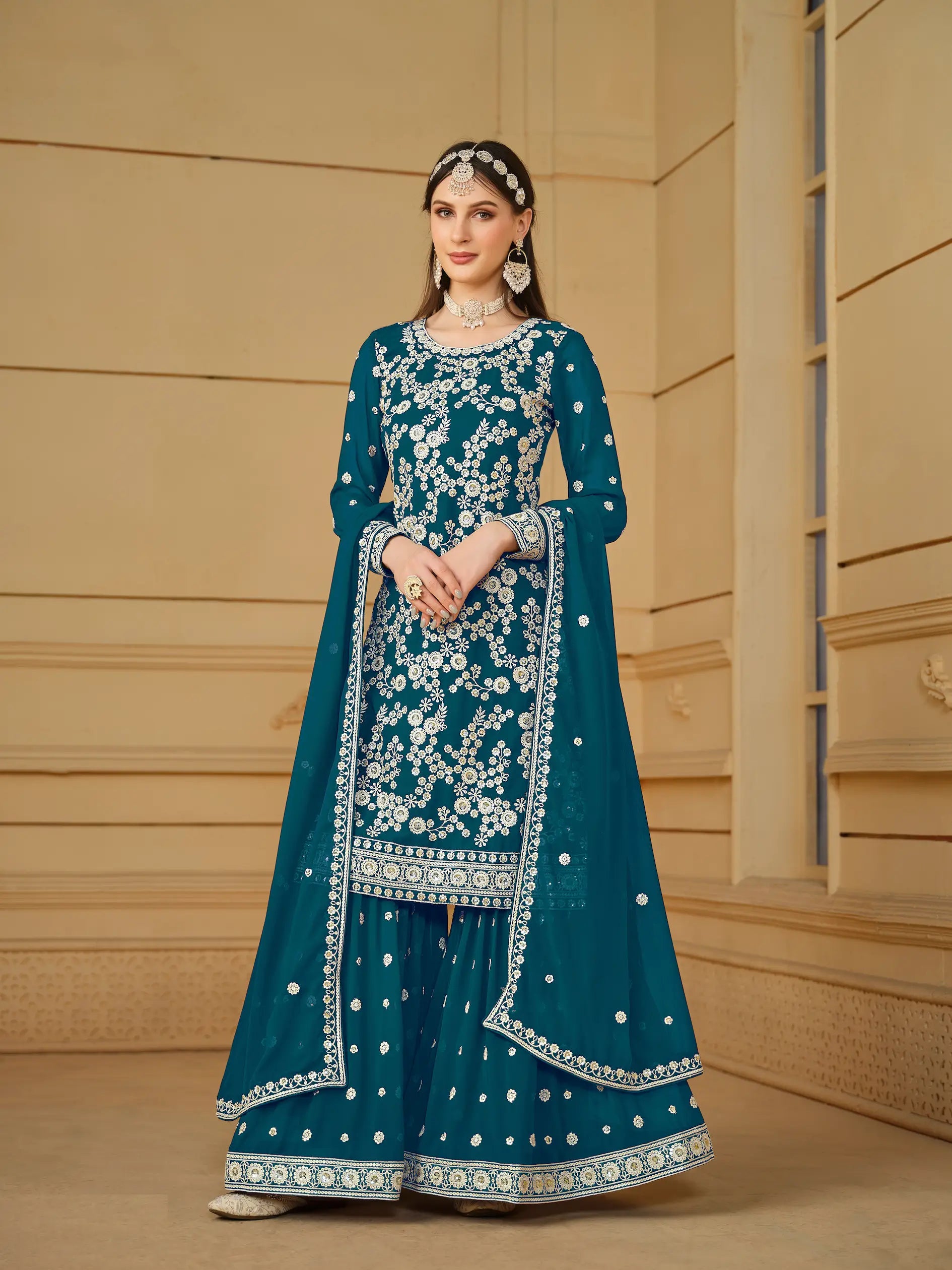 Teal Blue Georgette Thread & Sequins Embroidery Sharara Suit
