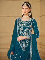 Teal Blue Georgette Thread & Sequins Embroidery Sharara Suit
