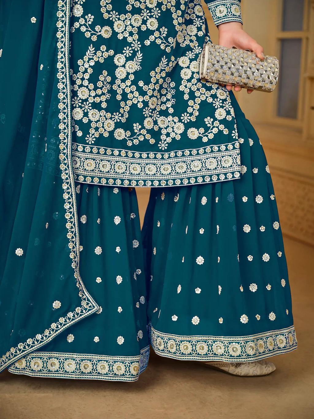 Teal Blue Georgette Thread & Sequins Embroidery Sharara Suit