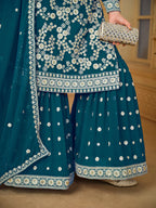 Teal Blue Georgette Thread & Sequins Embroidery Sharara Suit