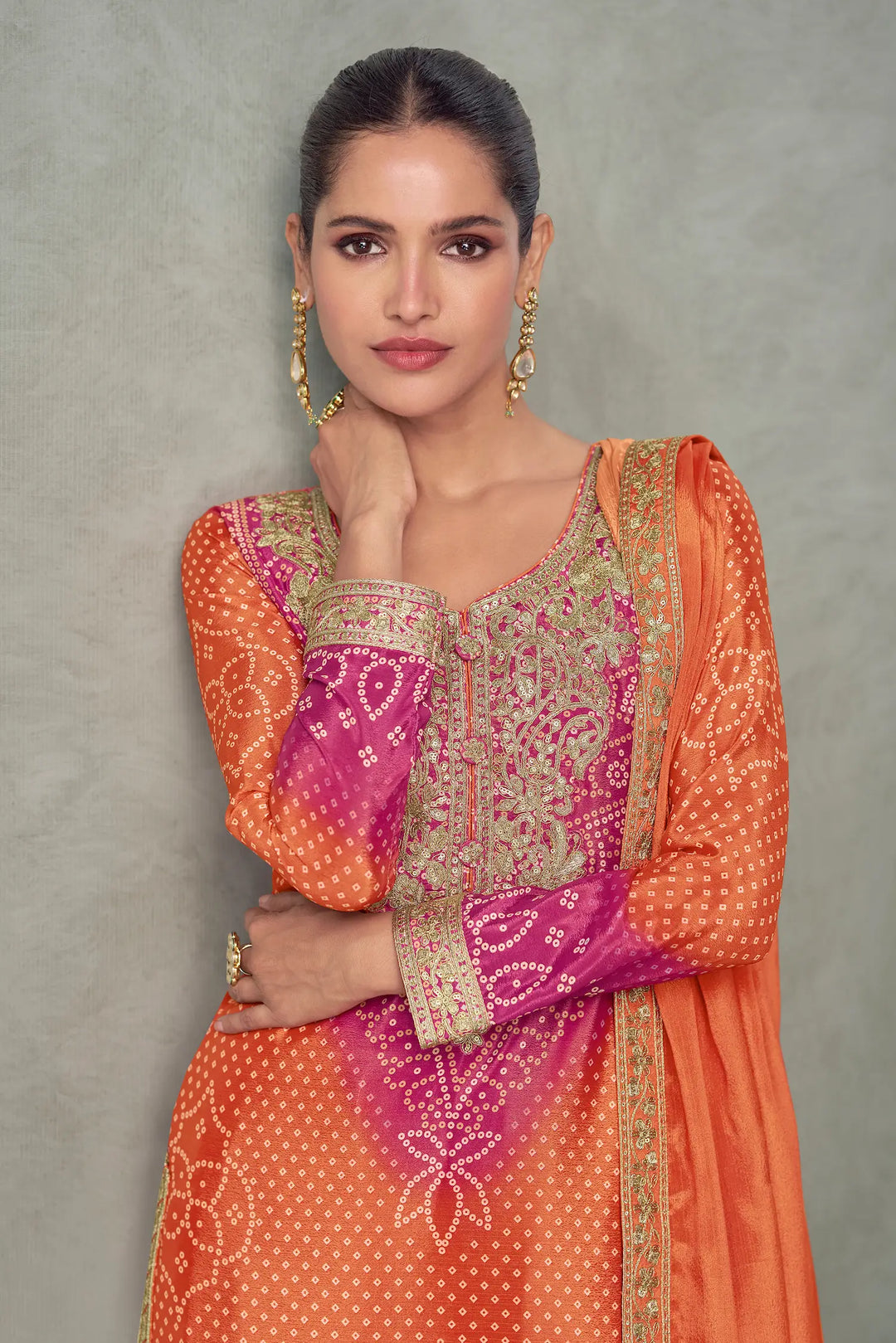 Sunrise Orange Chinon Silk Embroidery Palazzo Suit - qivii