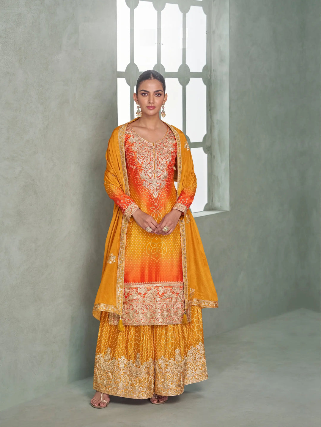 Turmeric Yellow Chinon Silk Embroidery Palazzo Suit - qivii