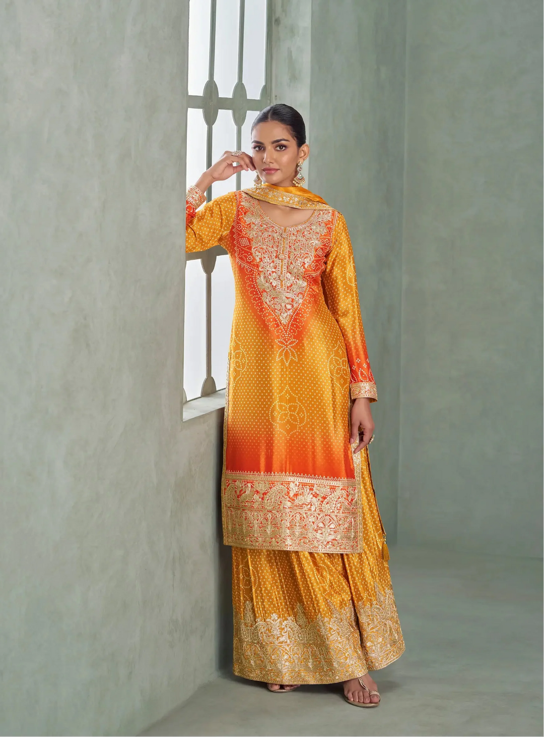 Turmeric Yellow Chinon Silk Embroidery Palazzo Suit - qivii