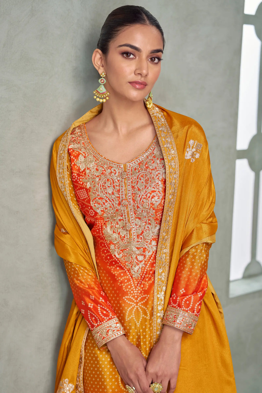 Turmeric Yellow Chinon Silk Embroidery Palazzo Suit - qivii