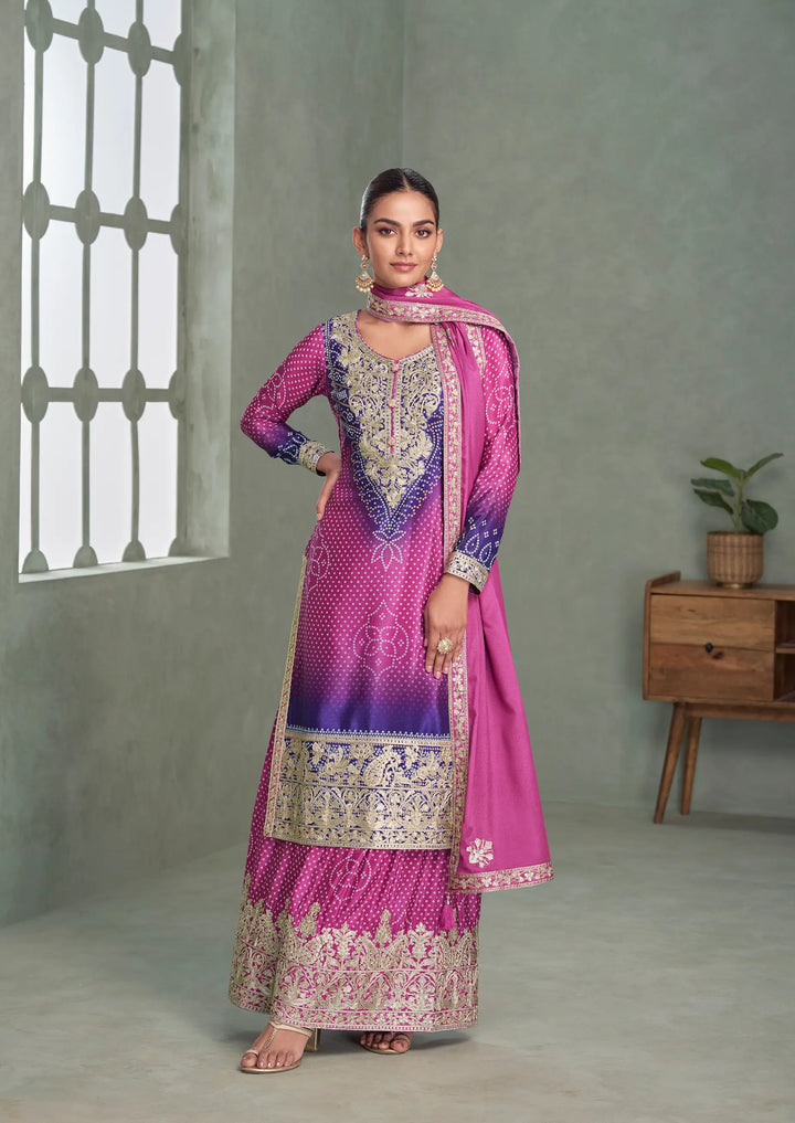 Royal Fuchsia Chinon Silk Embroidery Palazzo Suit - qivii