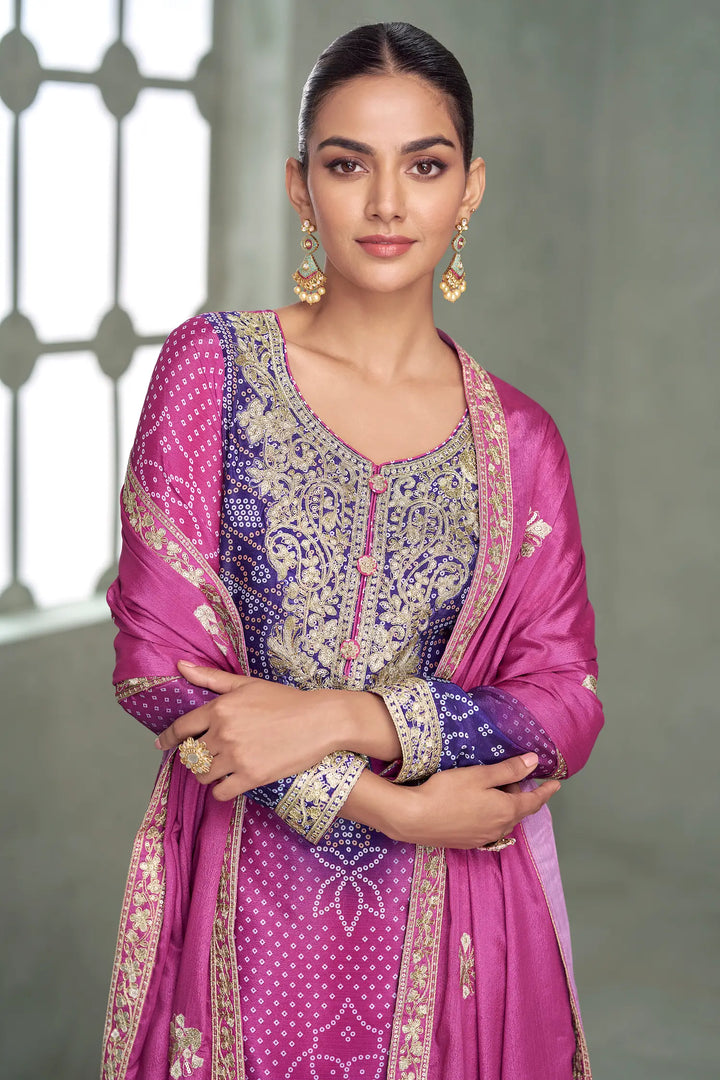 Royal Fuchsia Chinon Silk Embroidery Palazzo Suit - qivii