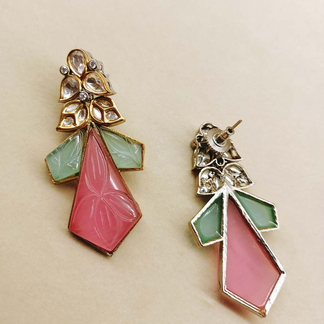  Draupadi pink and mint green earrings with Kundan and carving stones