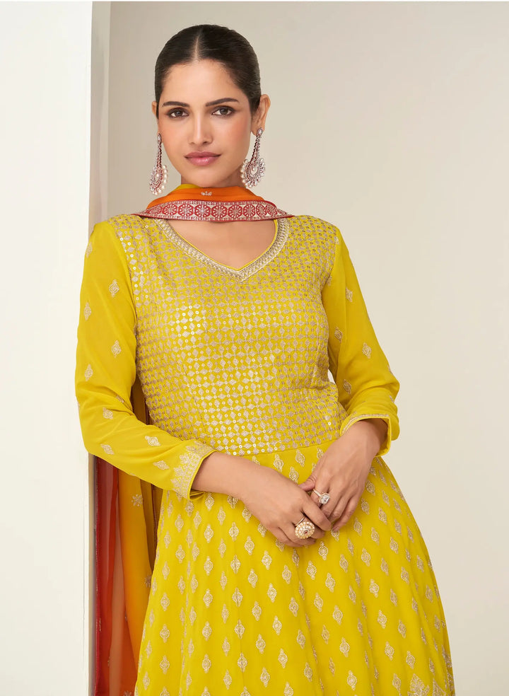 Bee Yellow Georgette Embroidery Work Gown - qivii