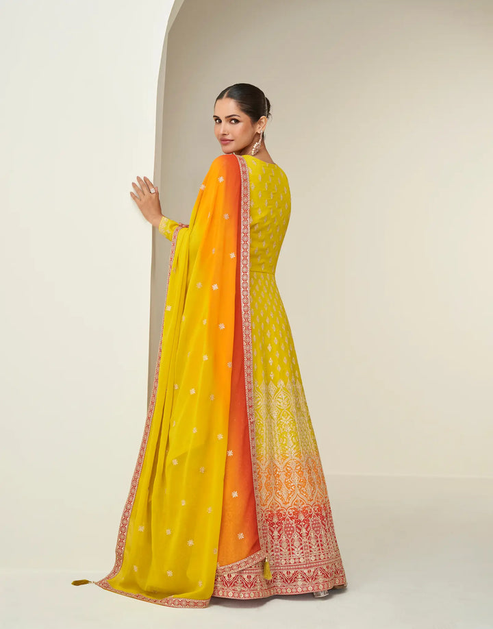 Bee Yellow Georgette Embroidery Work Gown - qivii