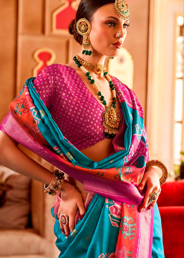 Cerulean Blue Patola Silk Saree with Sambhal Puri Print - qivii