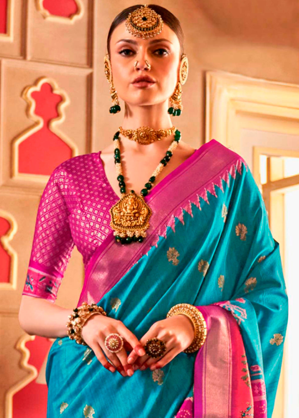 Cerulean Blue Patola Silk Saree with Sambhal Puri Print - qivii